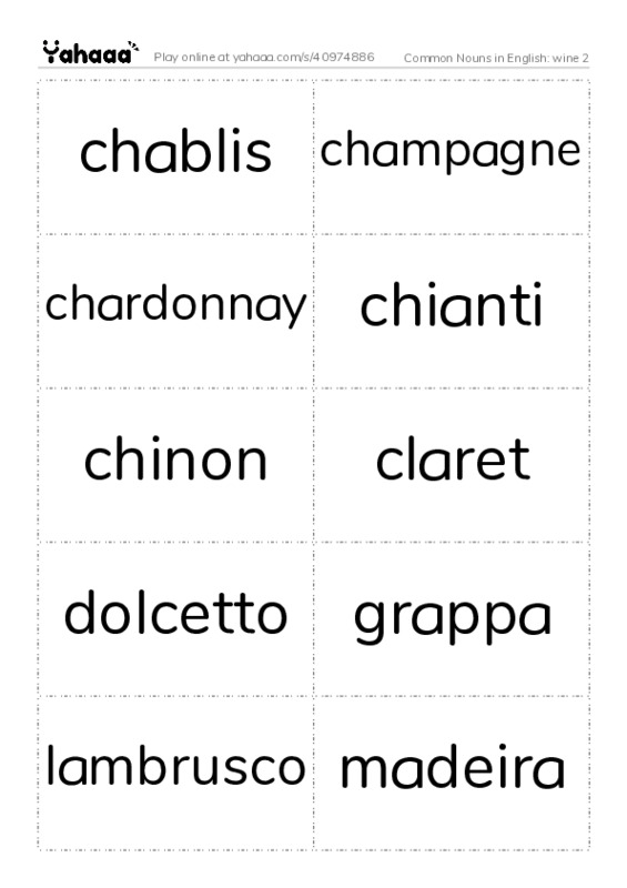 Common Nouns in English: wine 2 PDF two columns flashcards