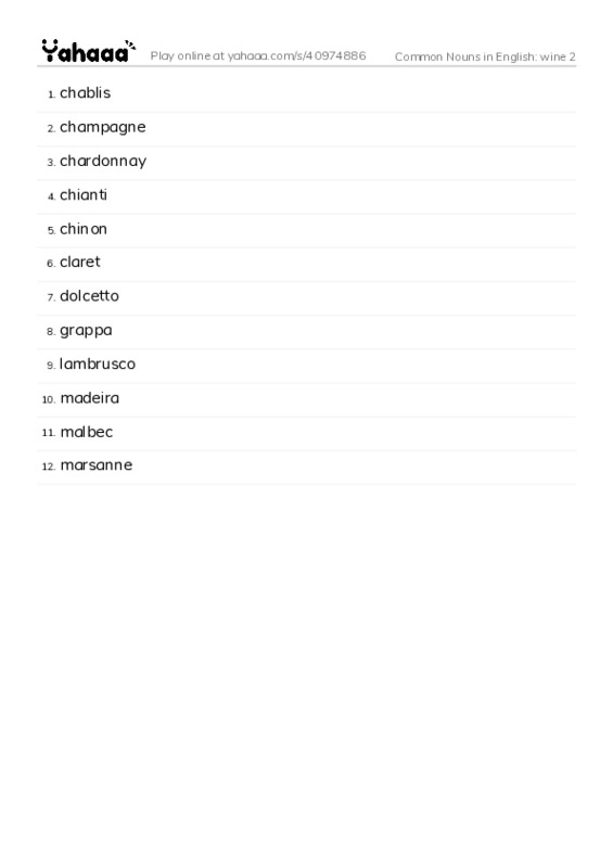 Common Nouns in English: wine 2 PDF words glossary