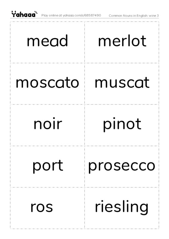 Common Nouns in English: wine 3 PDF two columns flashcards