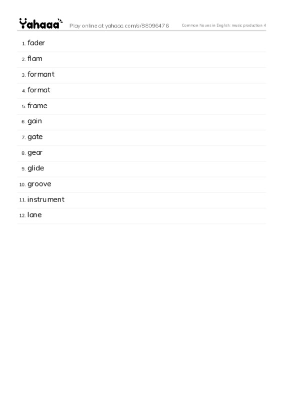 Common Nouns in English: music production 4 PDF words glossary