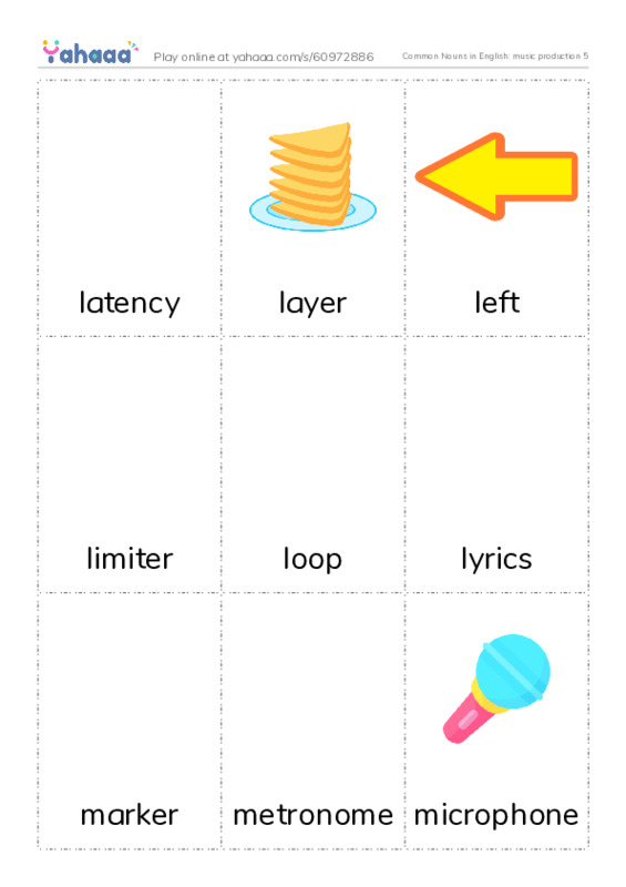 Common Nouns in English: music production 5 PDF flaschards with images