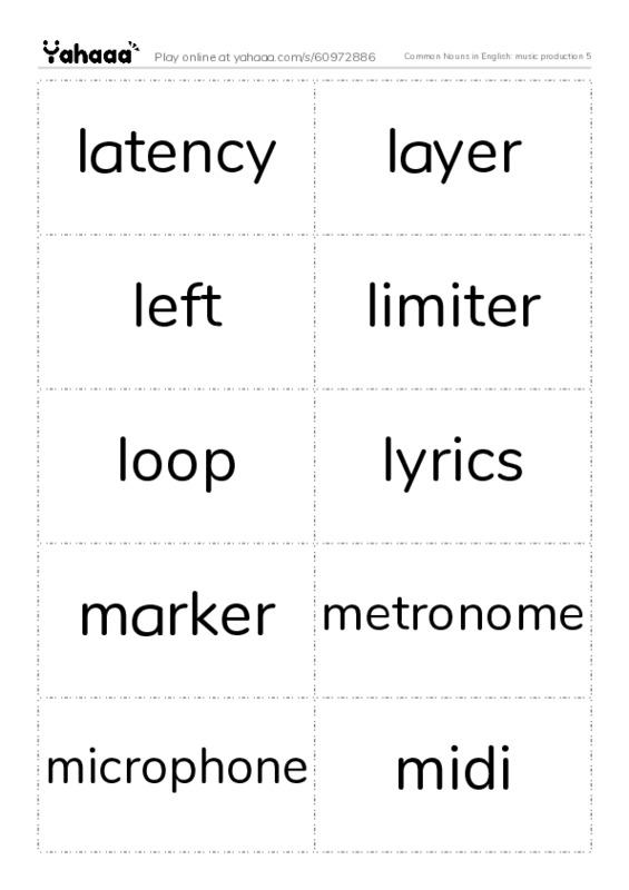 Common Nouns in English: music production 5 PDF two columns flashcards