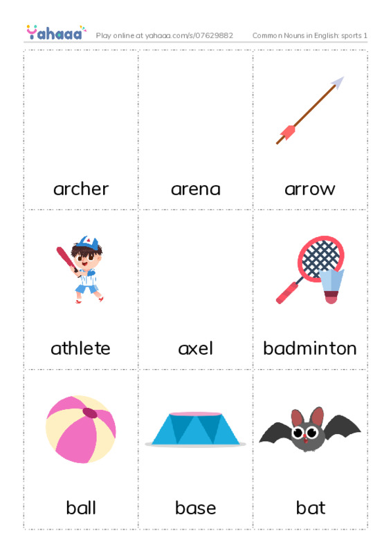 Common Nouns in English: sports 1 PDF flaschards with images