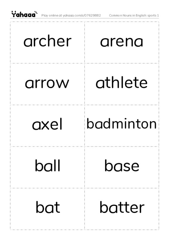 Common Nouns in English: sports 1 PDF two columns flashcards