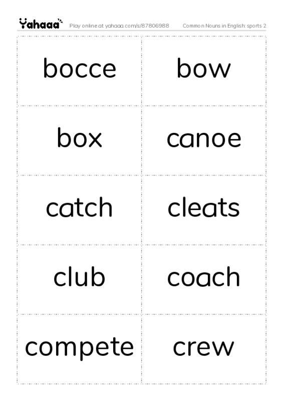 Common Nouns in English: sports 2 PDF two columns flashcards