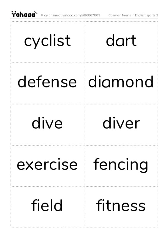 Common Nouns in English: sports 3 PDF two columns flashcards