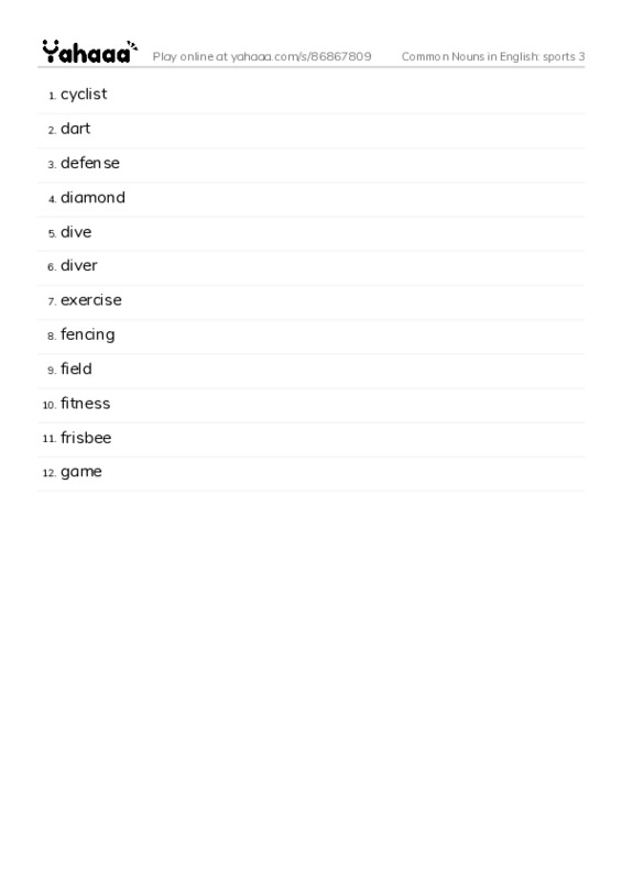 Common Nouns in English: sports 3 PDF words glossary