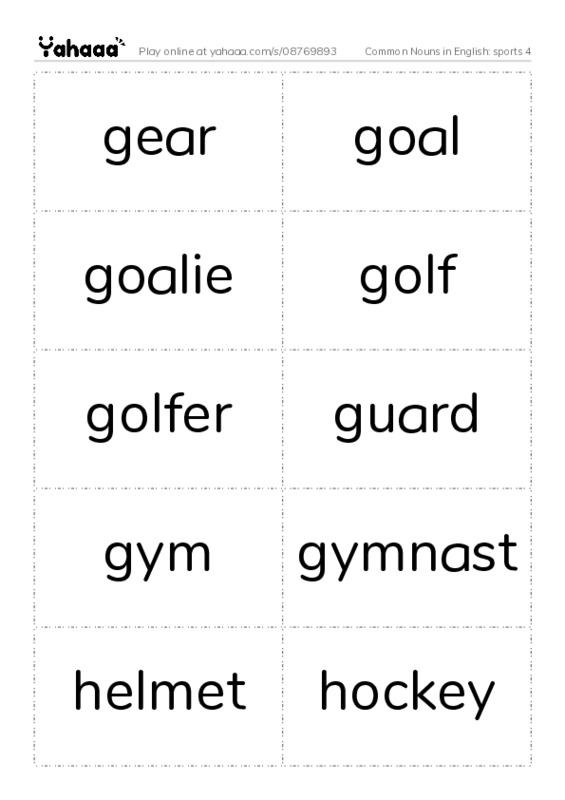 Common Nouns in English: sports 4 PDF two columns flashcards