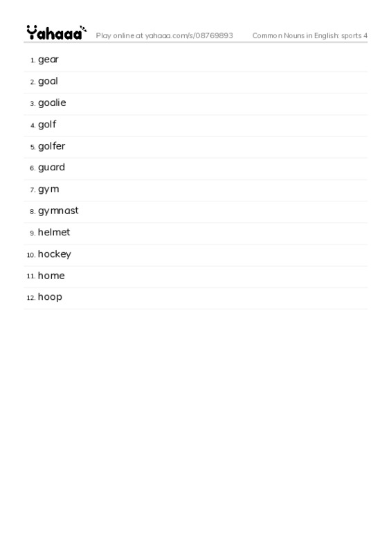 Common Nouns in English: sports 4 PDF words glossary