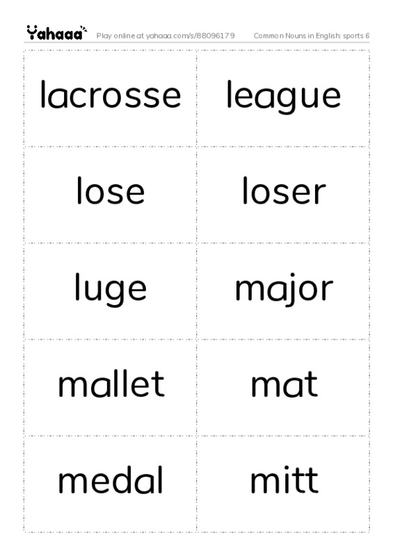 Common Nouns in English: sports 6 PDF two columns flashcards