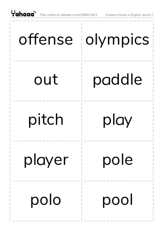 Common Nouns in English: sports 7 PDF two columns flashcards