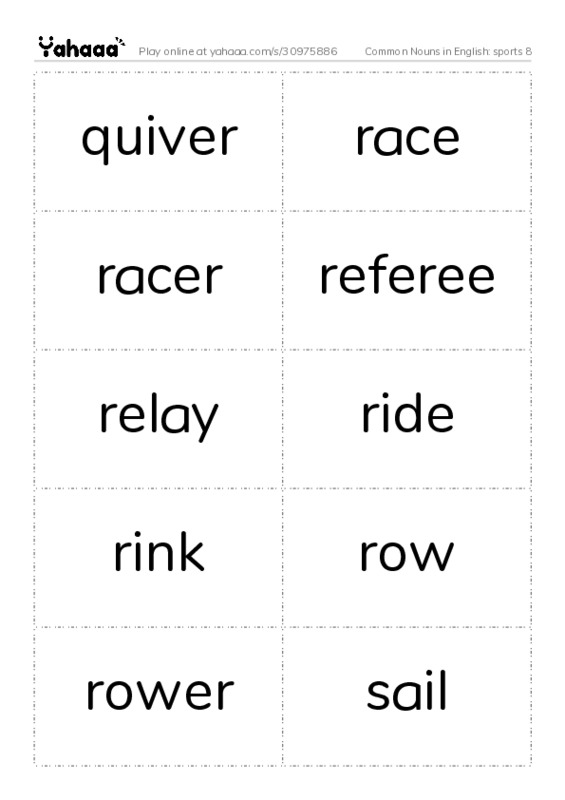 Common Nouns in English: sports 8 PDF two columns flashcards