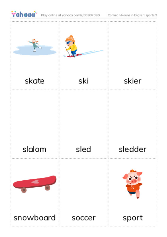 Common Nouns in English: sports 9 PDF flaschards with images
