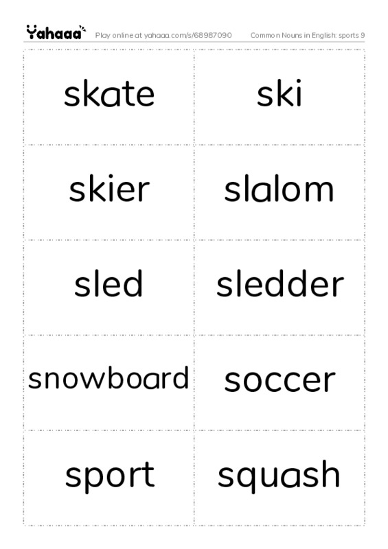 Common Nouns in English: sports 9 PDF two columns flashcards