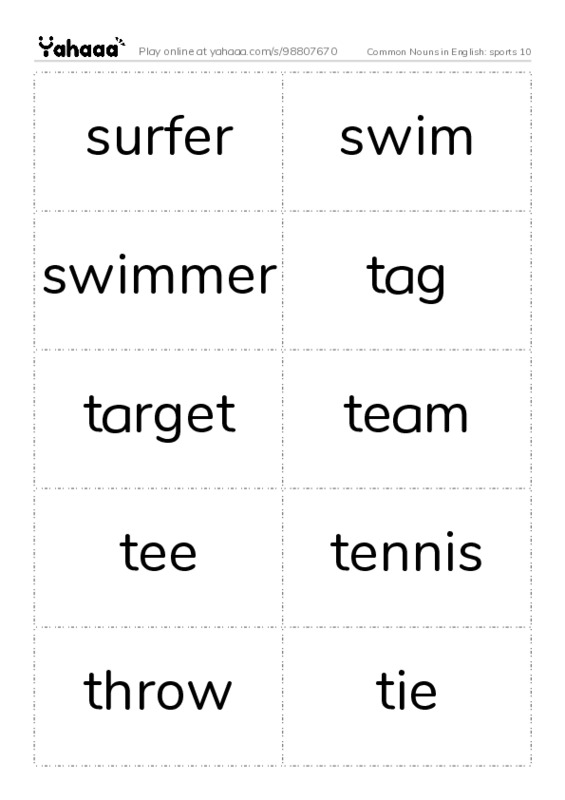 Common Nouns in English: sports 10 PDF two columns flashcards