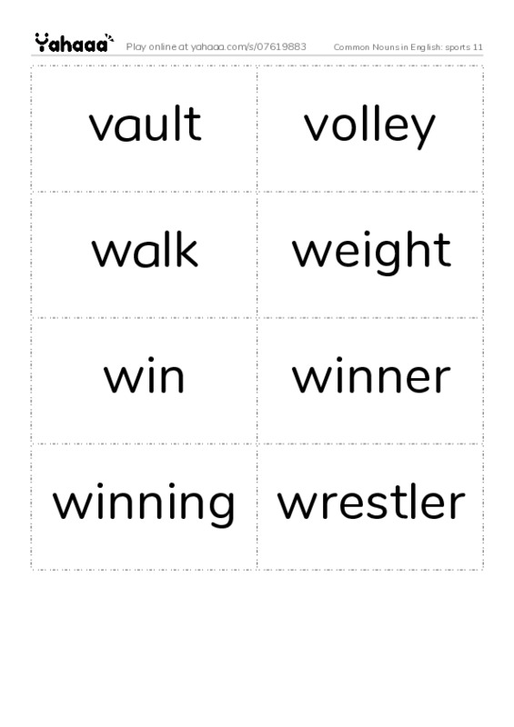 Common Nouns in English: sports 11 PDF two columns flashcards