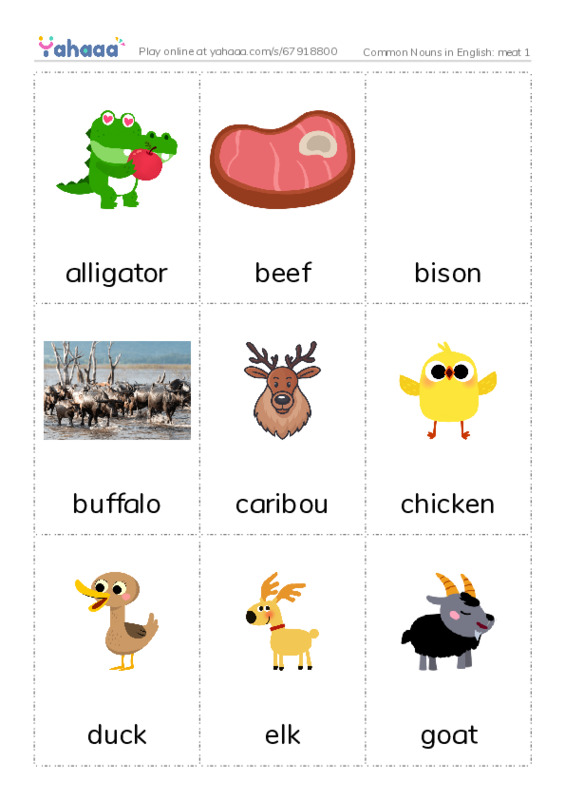 Common Nouns in English: meat 1 PDF flaschards with images