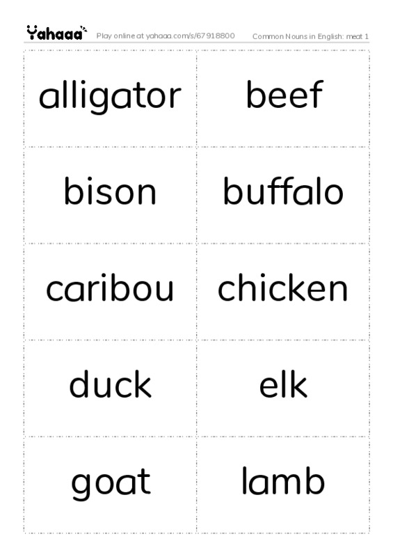 Common Nouns in English: meat 1 PDF two columns flashcards