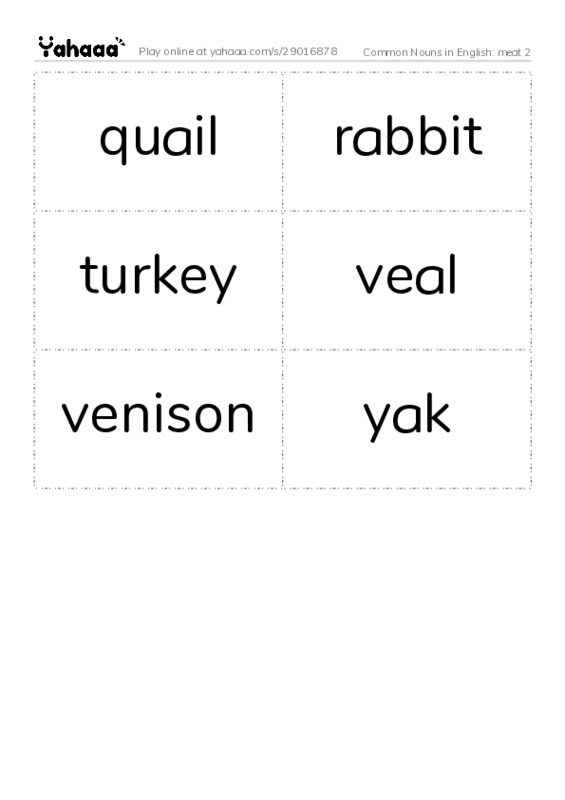 Common Nouns in English: meat 2 PDF two columns flashcards