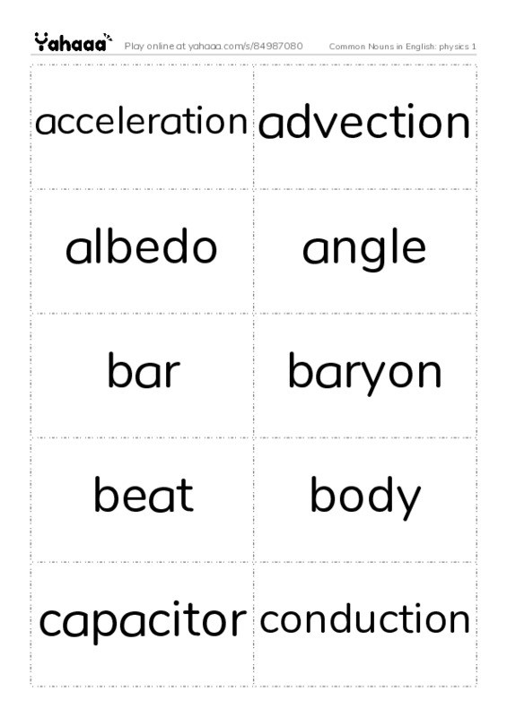 Common Nouns in English: physics 1 PDF two columns flashcards