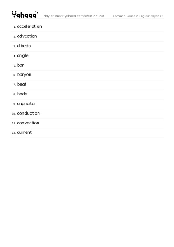 Common Nouns in English: physics 1 PDF words glossary