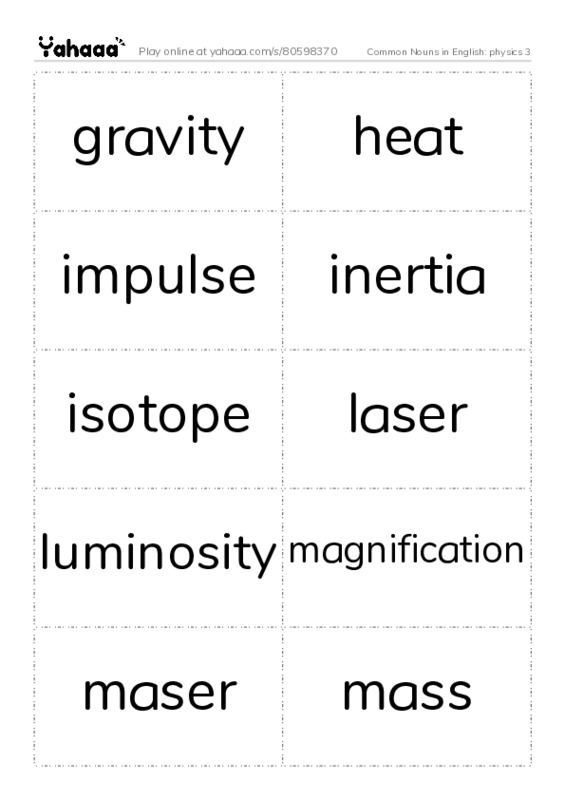 Common Nouns in English: physics 3 PDF two columns flashcards