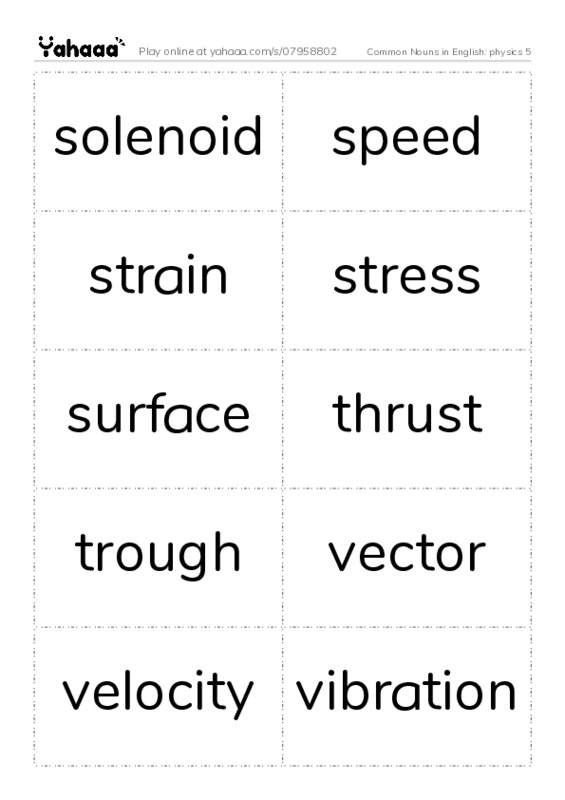 Common Nouns in English: physics 5 PDF two columns flashcards