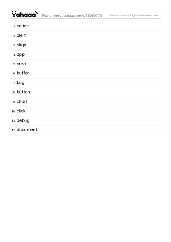 Common Nouns in English: web development 1 PDF words glossary