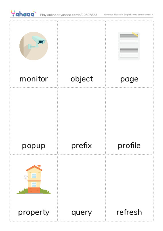 Common Nouns in English: web development 4 PDF flaschards with images