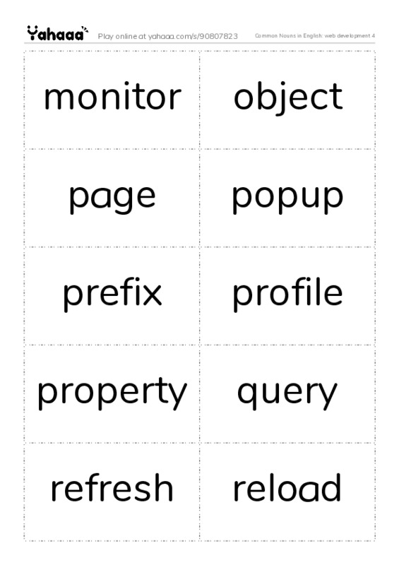 Common Nouns in English: web development 4 PDF two columns flashcards