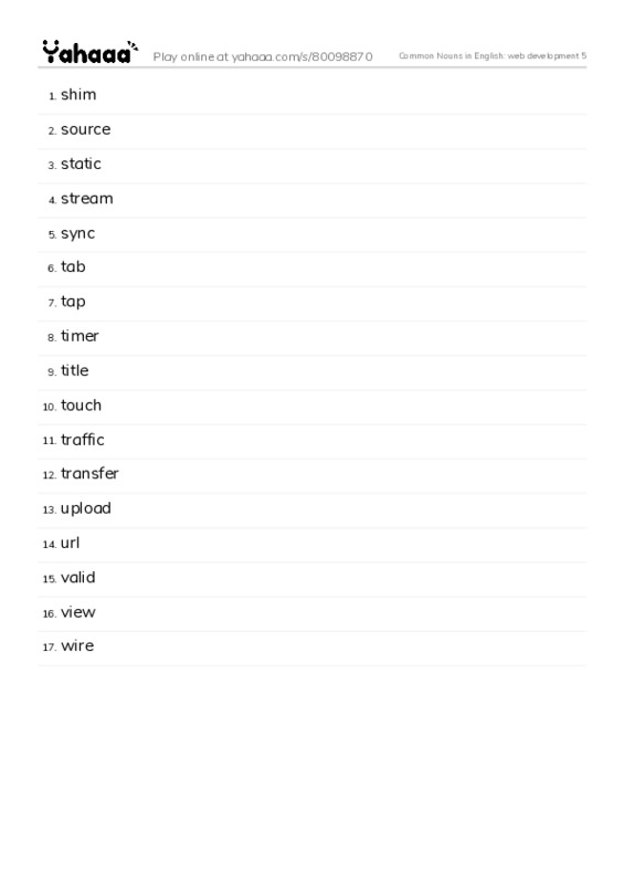 Common Nouns in English: web development 5 PDF words glossary