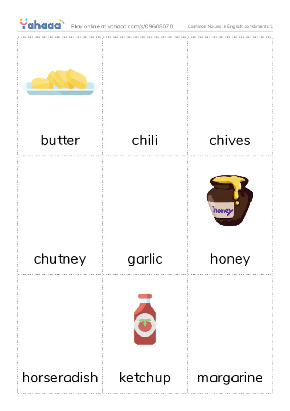 Common Nouns in English: condiments 1 PDF flaschards with images