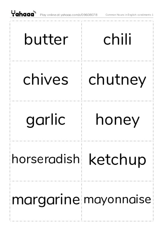 Common Nouns in English: condiments 1 PDF two columns flashcards