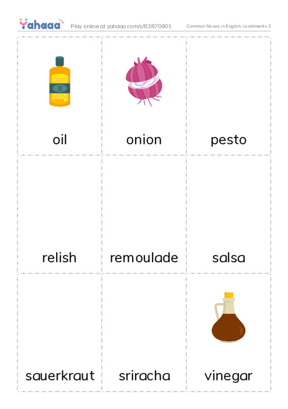 Common Nouns in English: condiments 2 PDF flaschards with images