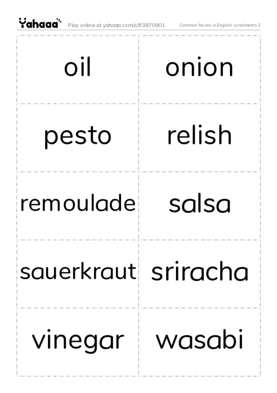 Common Nouns in English: condiments 2 PDF two columns flashcards