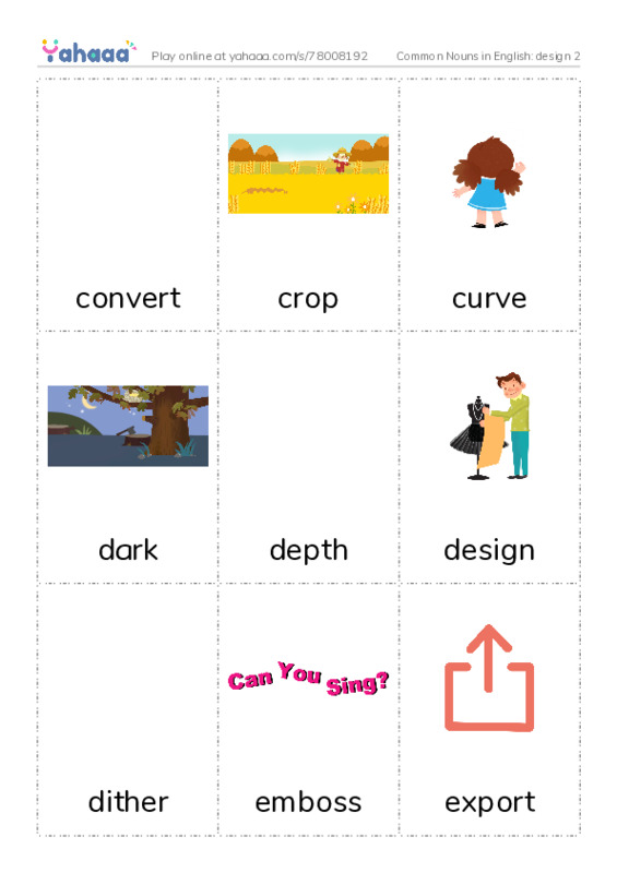 Common Nouns in English: design 2 PDF flaschards with images