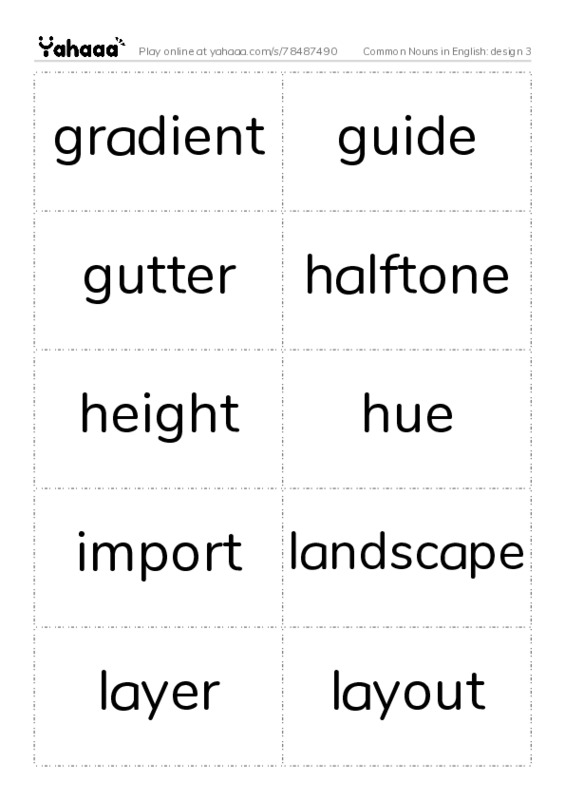 Common Nouns in English: design 3 PDF two columns flashcards