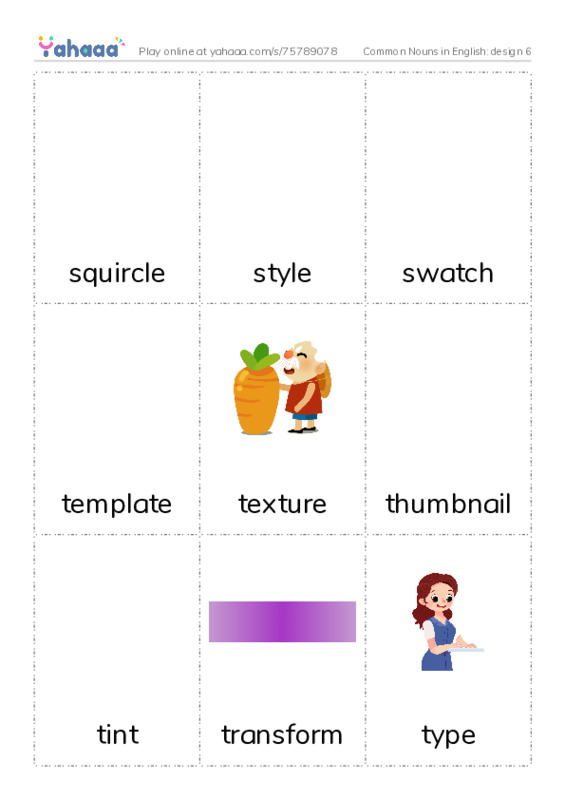 Common Nouns in English: design 6 PDF flaschards with images
