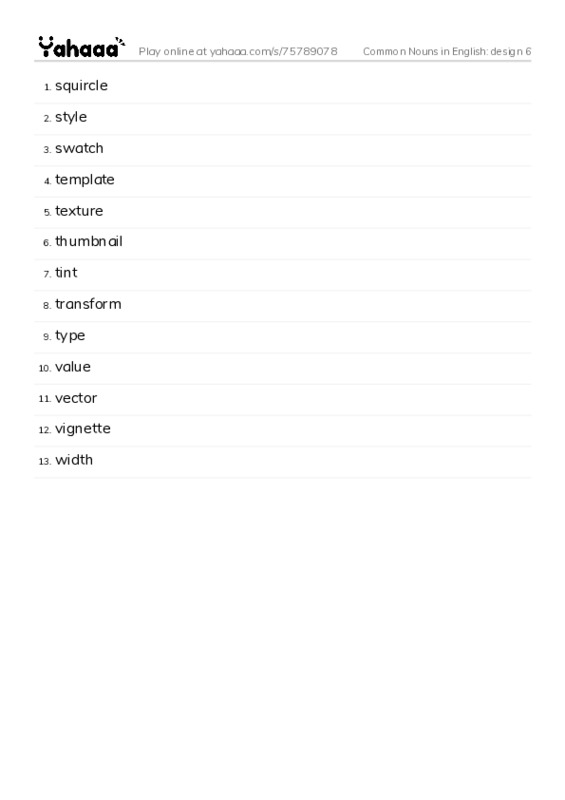 Common Nouns in English: design 6 PDF words glossary