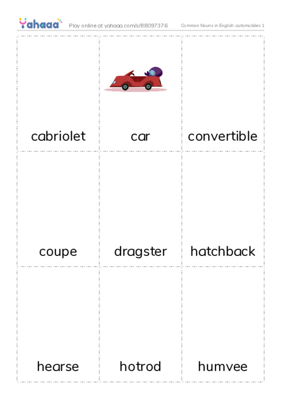 Common Nouns in English: automobiles 1 PDF flaschards with images