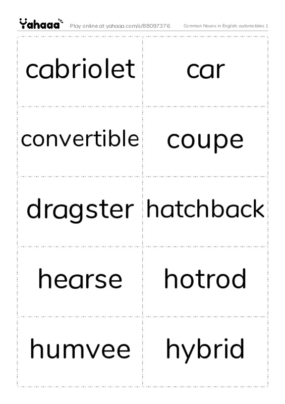 Common Nouns in English: automobiles 1 PDF two columns flashcards