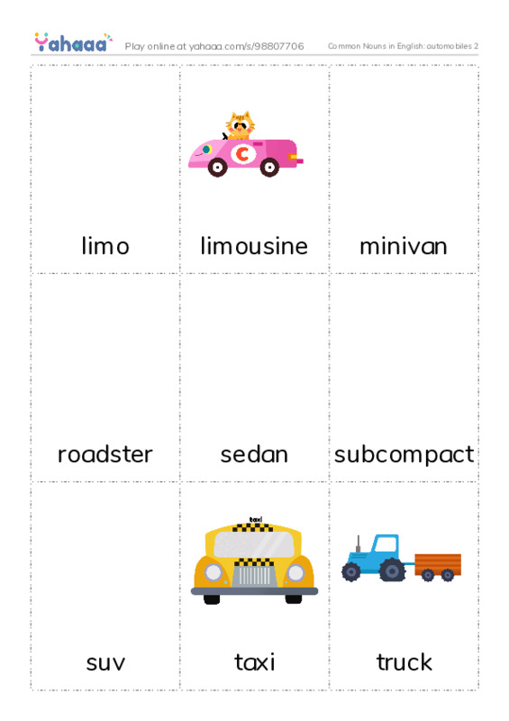 Common Nouns in English: automobiles 2 PDF flaschards with images
