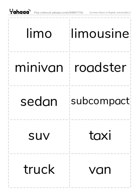 Common Nouns in English: automobiles 2 PDF two columns flashcards