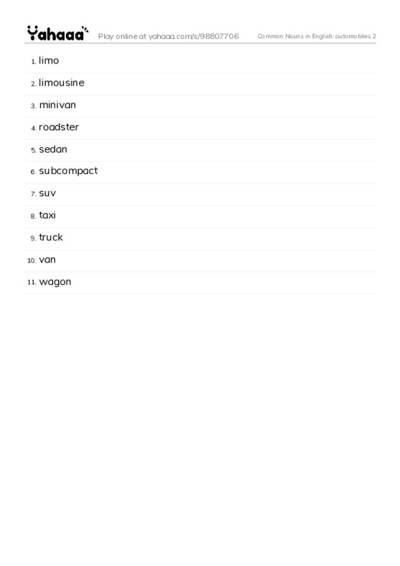 Common Nouns in English: automobiles 2 PDF words glossary