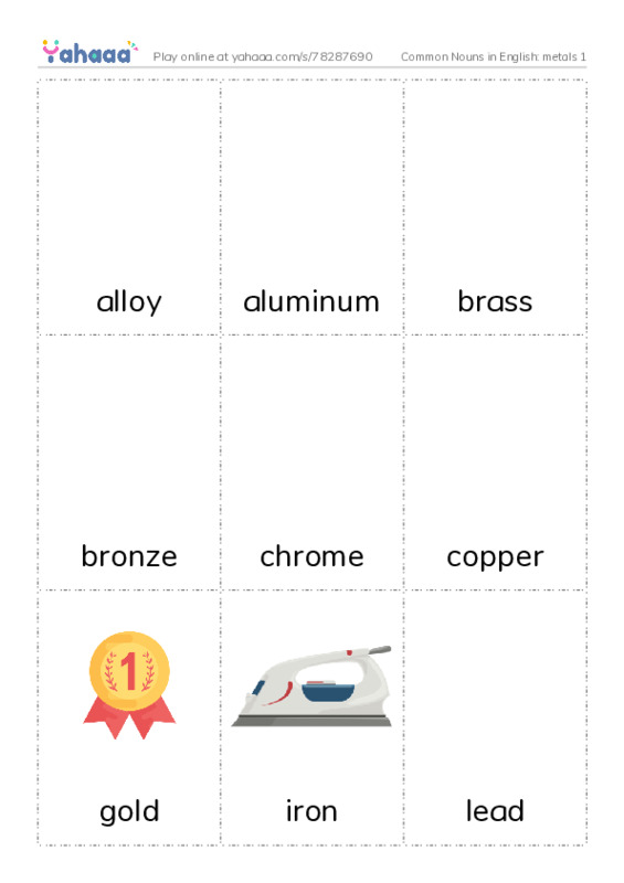 Common Nouns in English: metals 1 PDF flaschards with images