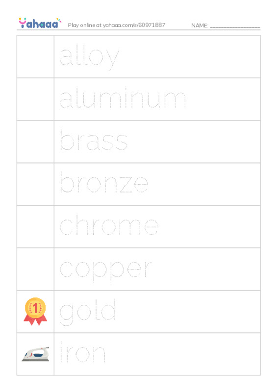 Common Nouns in English: metals 1 PDF one column image words