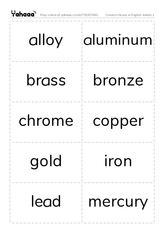 Common Nouns in English: metals 1 PDF two columns flashcards