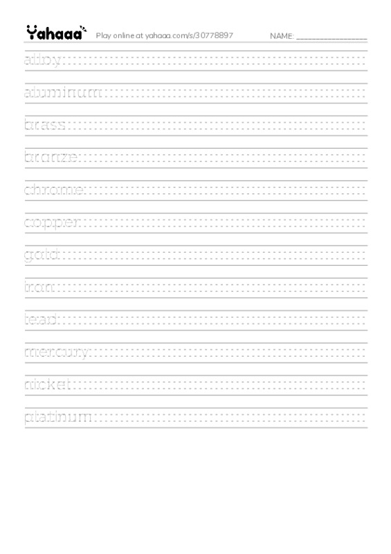 Common Nouns in English: metals 1 PDF write between the lines worksheet