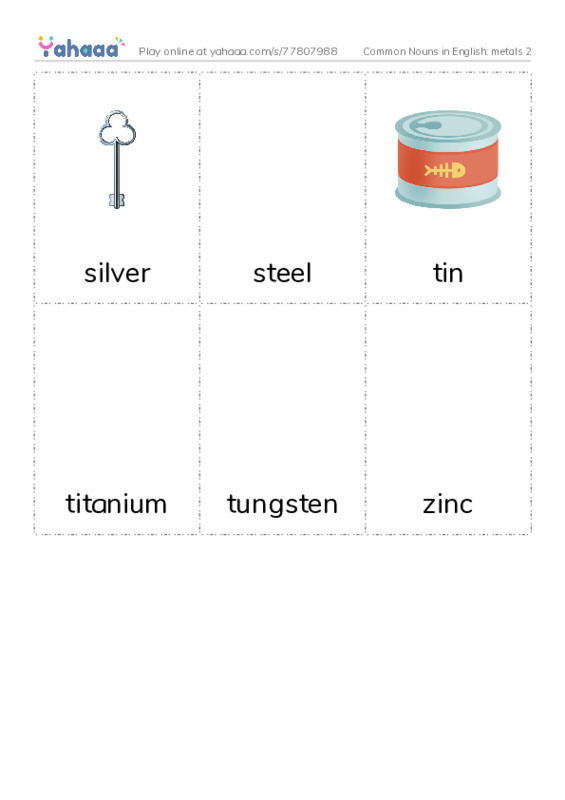 Common Nouns in English: metals 2 PDF flaschards with images