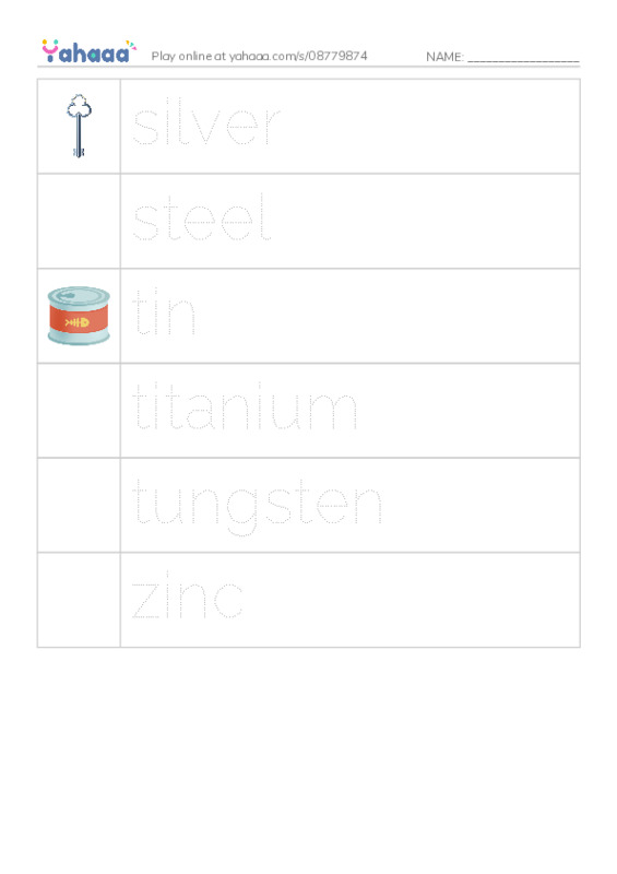 Common Nouns in English: metals 2 PDF one column image words